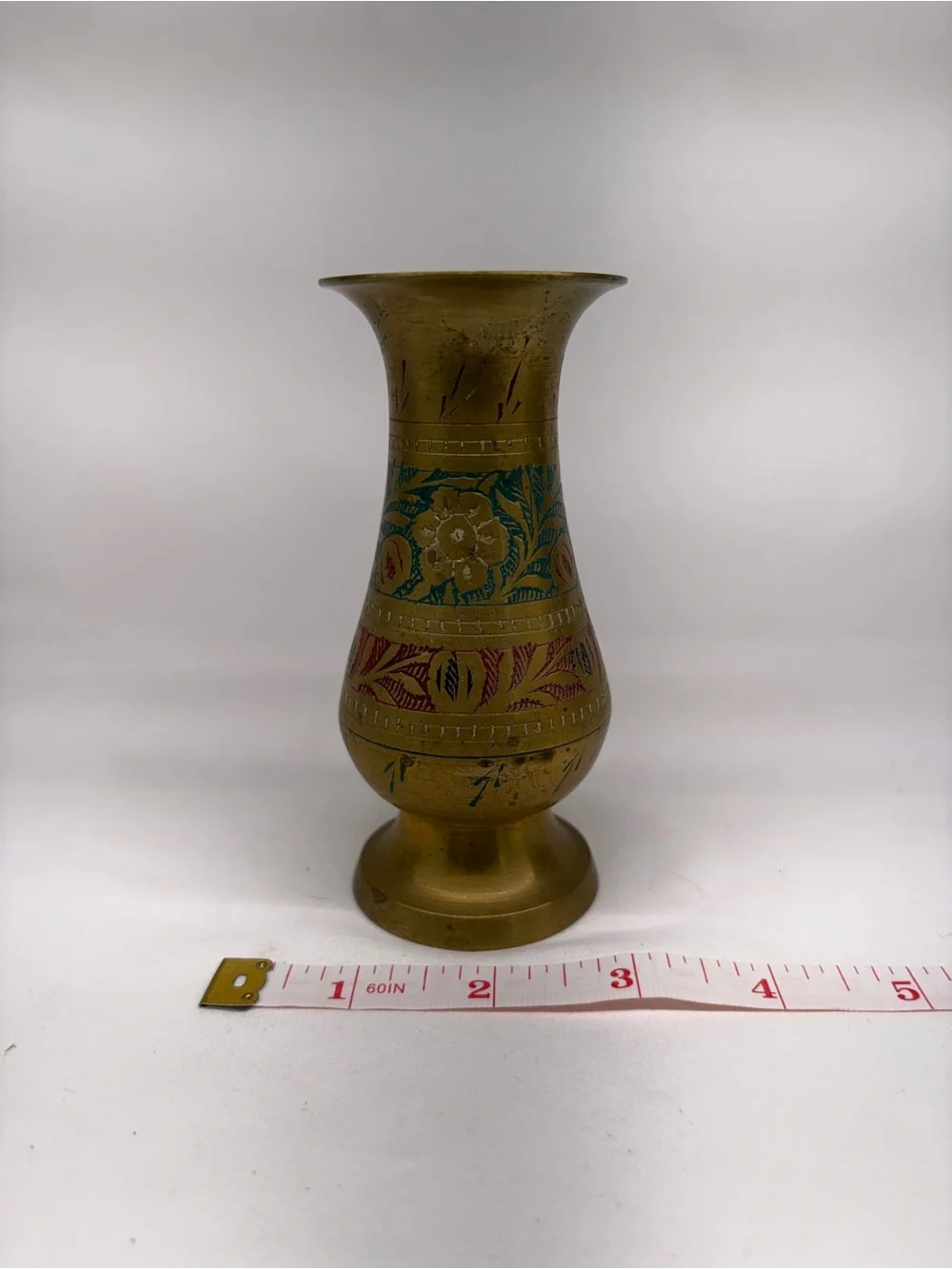 Vintage Etched Brass Floral Vase Hand Painted 6